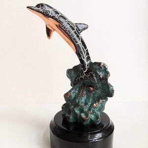 DONJO 2000 Dolphin Sculpture Dolphins Figurine Copper Finish Statue Signed 8.6"